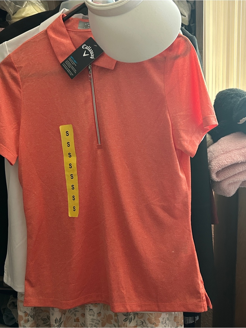 Callaway Coral-Orange Zip Polo top with White Sun Visor